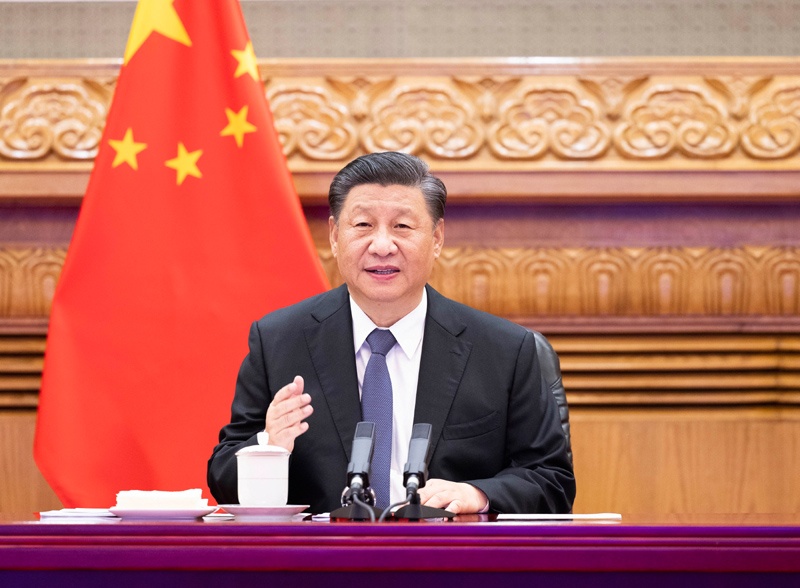 　7月5日晚，国家主席习近平在北京同法国总统马克龙、德国总理默克尔举行视频峰会。新华社记者 黄敬文 摄